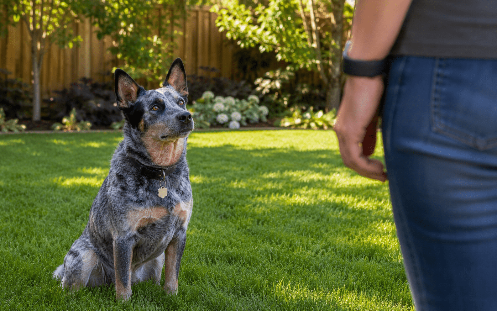 A cattle dog sits attentively on green grass in a sunny backyard, ready for training and obedience practice.