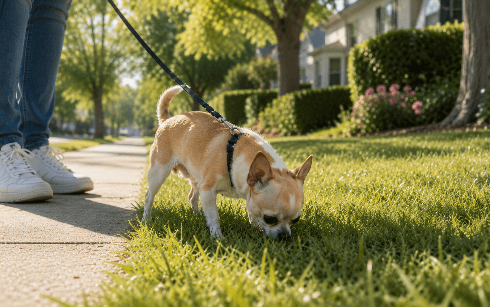 Can You Train a Chihuahua? Everything Owners Need to Know 3 Chihuahua sniffing grass outdoors during a potty training session with owner nearby