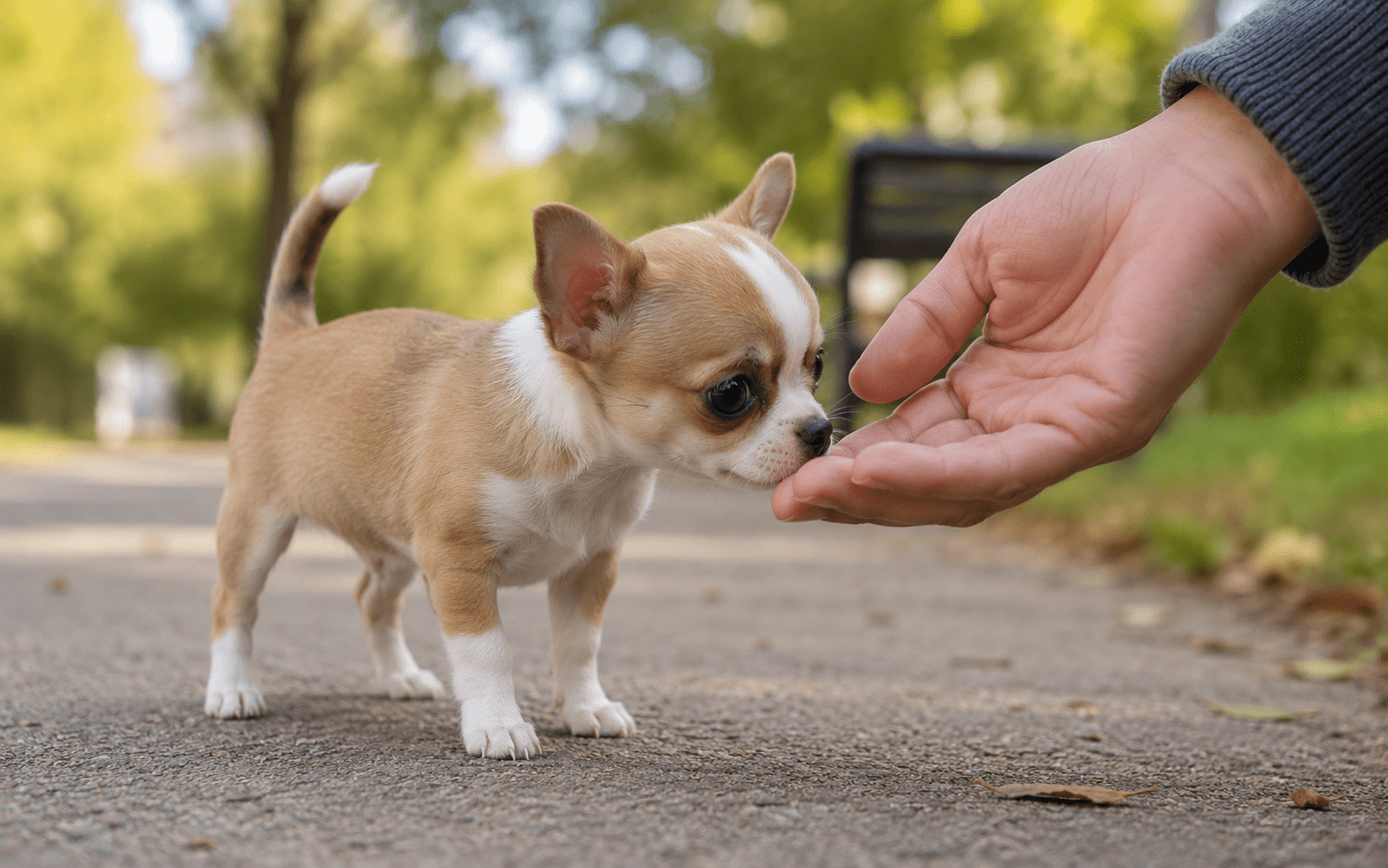 Can You Train a Chihuahua? Everything Owners Need to Know 2 A small Chihuahua puppy (8 to 12 weeks old) cautiously sniffing the hand of an unfamiliar adult outdoors in a park or sidewalk setting. Puppy body language should look curious, not fearful. Soft background blur. Natural daylight.