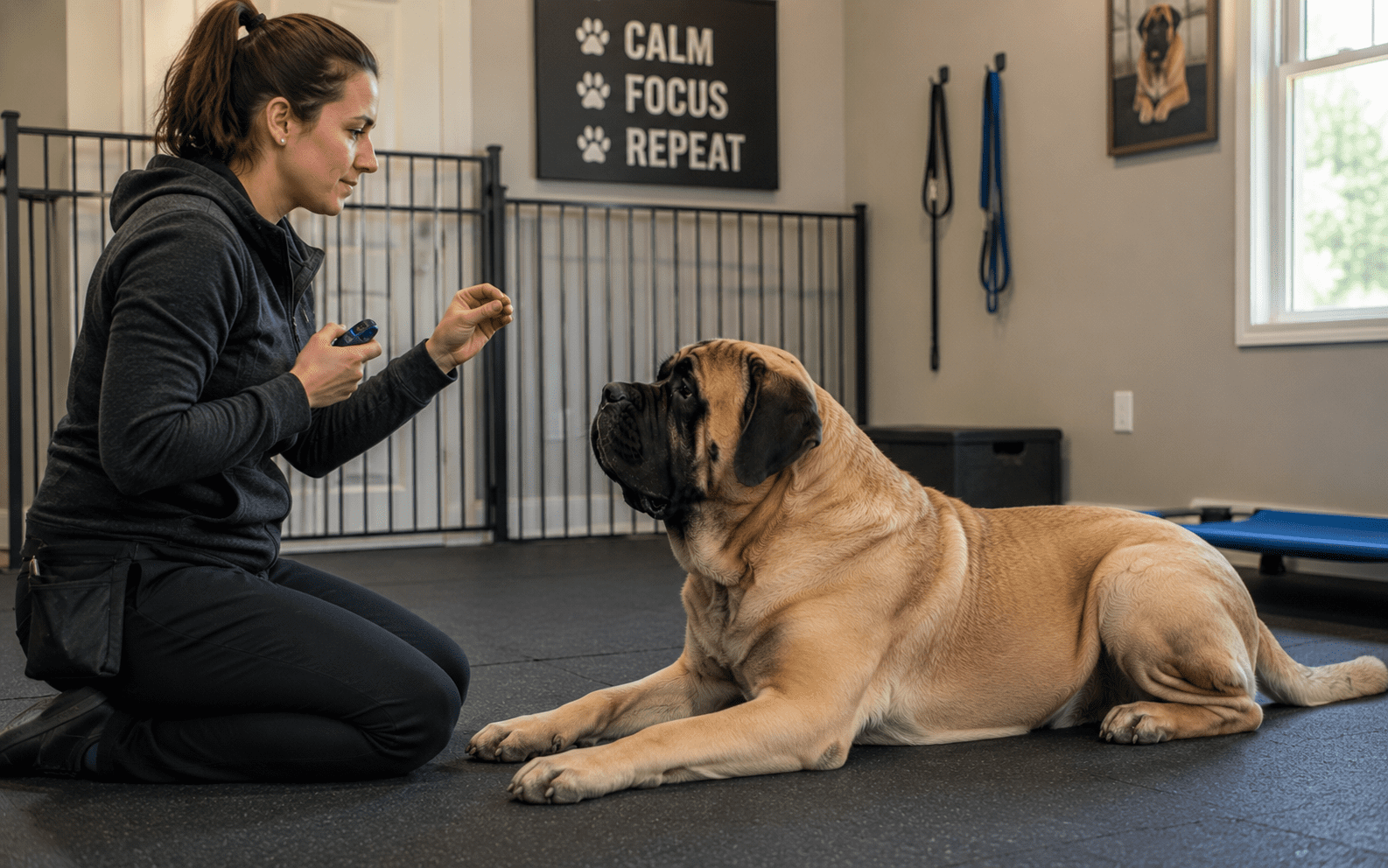 Are English Mastiffs Easy to Train? What Every Owner Should Know Before Starting 4 A woman holds a treat while training a large dog indoors, with the dog lying down and focused on her commands.