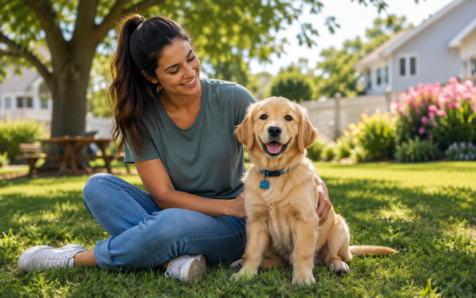 Puppy Fear Periods: What They Are and How to Help Your Dog Through Them 5 A woman smiles and pets a golden retriever puppy while sitting on grass in a sunny backyard setting.