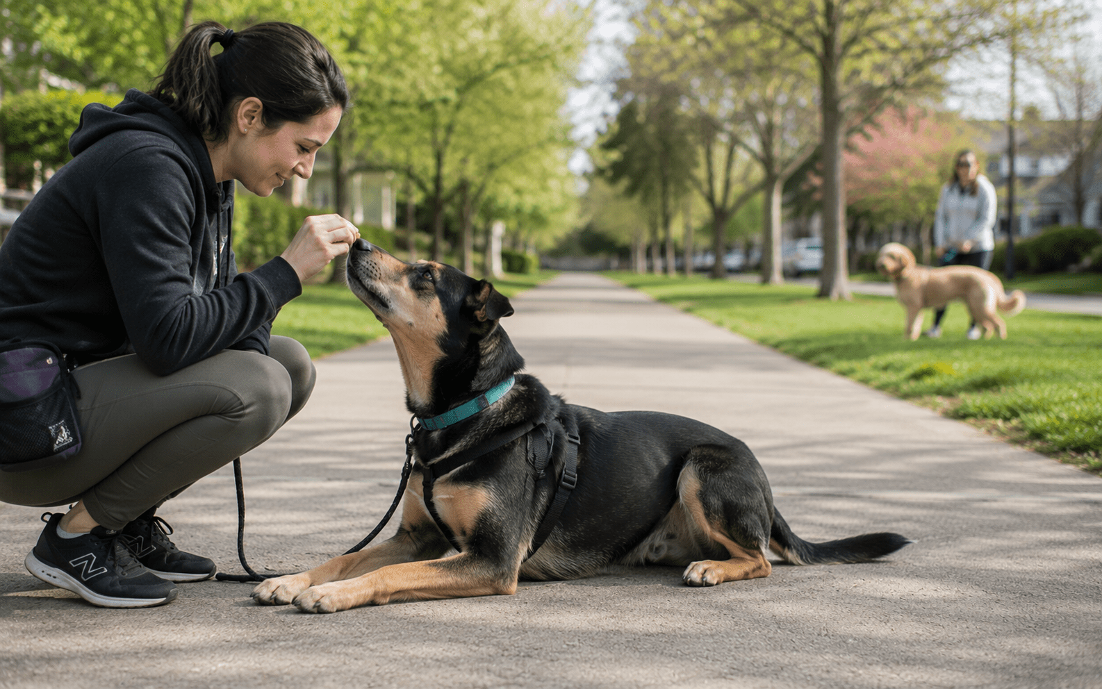 Leash Aggression in Dogs: Why It Happens and How to Fix It 3 A woman kneels on a tree-lined path to give a treat to her large black and brown dog.