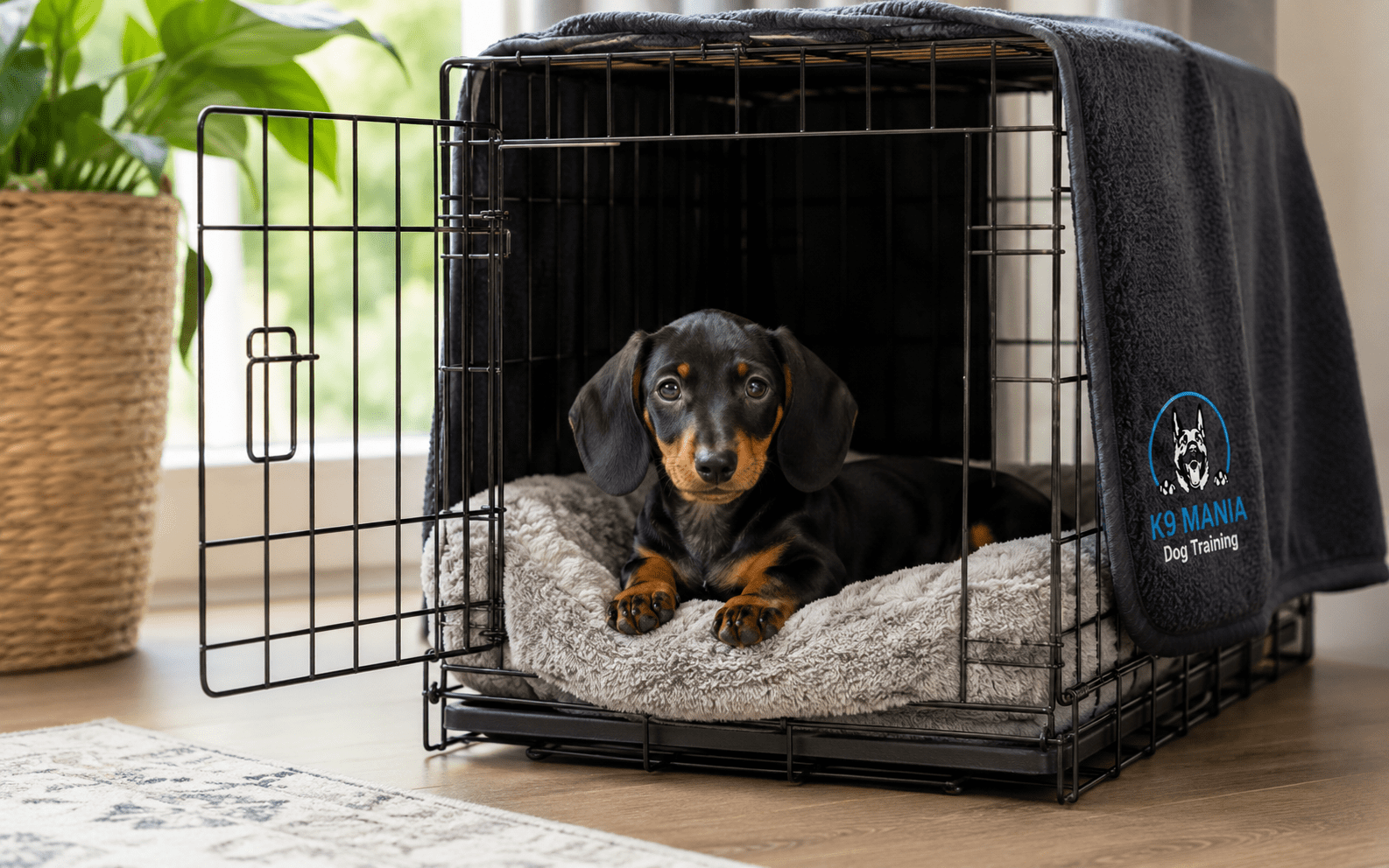 How To Train A Dachshund: A Complete Step-by-Step Guide 1 Dachshund puppy resting comfortably inside an open training crate