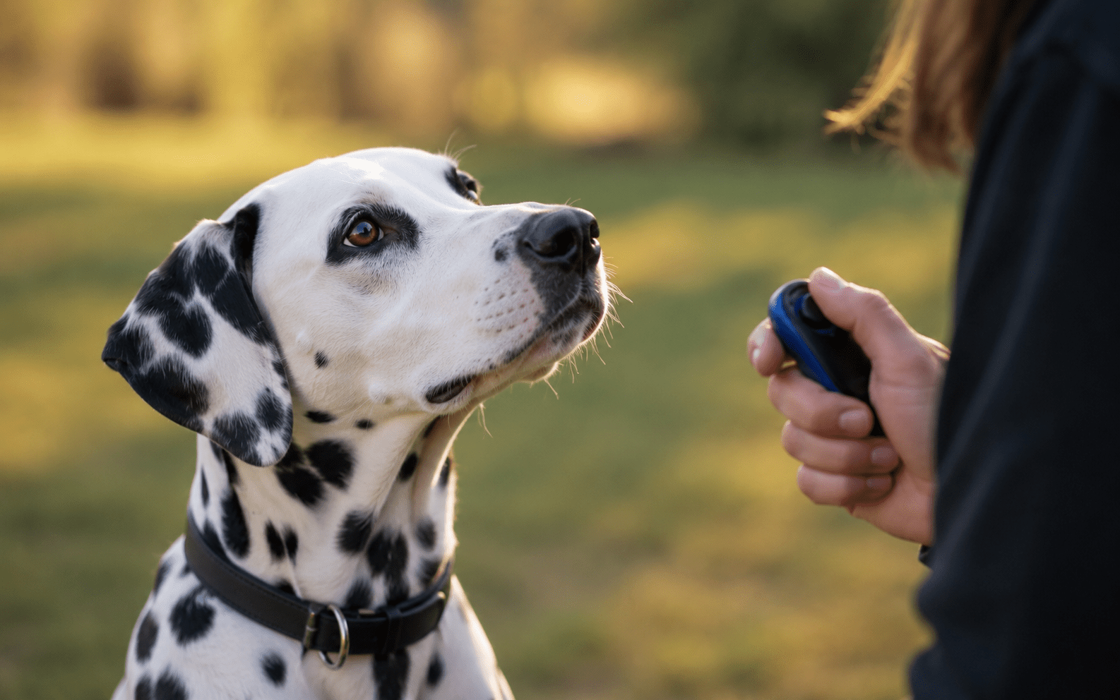 How to Train a Dalmatian Dog: Proven Methods for This High-Energy Breed 2 Dalmatian making eye contact with trainer during clicker training