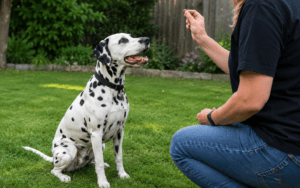 Dalmatian dog being trained by owner with treat in backyard