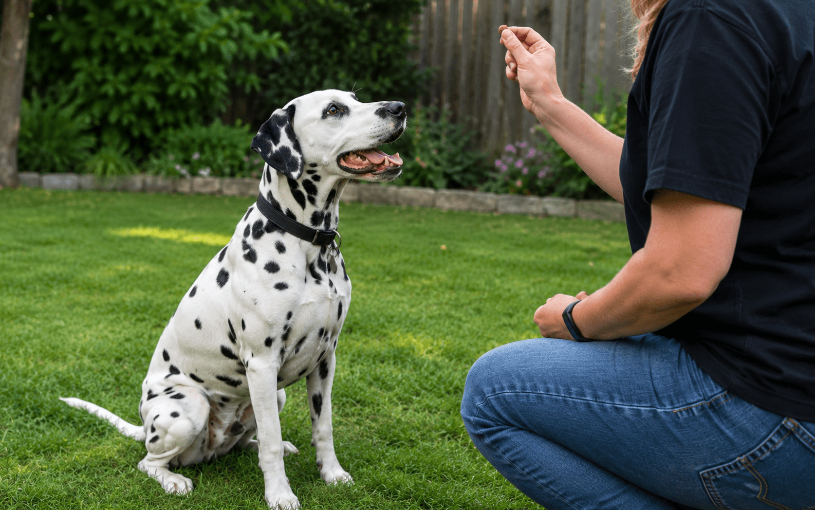 Dalmatian dog being trained by owner with treat in backyard