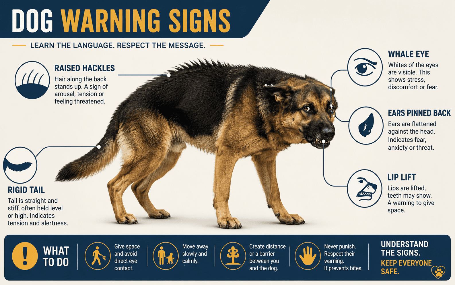Warning Signs of Aggression in Dogs: What Every Owner Should Know 1 A German Shepherd displays warning signs with raised hackles, stiff stance, pinned ears, and curled lip.