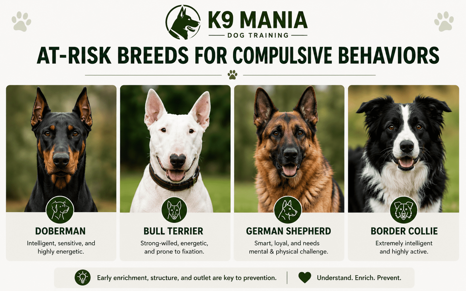 What Is Compulsive Behavior in Dogs: Signs, Causes, and How to Help 3 Graphic listing at-risk dog breeds for compulsive behaviors: Doberman, Bull Terrier, German Shepherd, Border Collie.