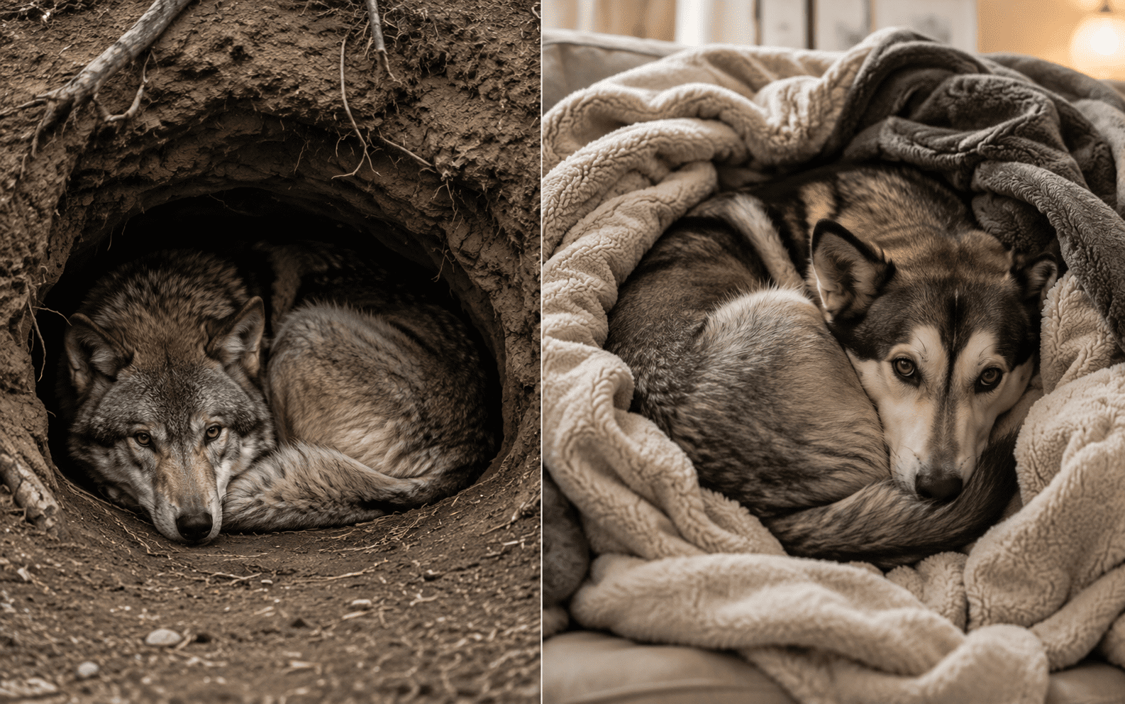 Why Does My Dog Dig in His Bed? 7 Reasons Behind This Strange Bedtime Ritual 1 A wolf curls up in a dirt den while a dog rests in blankets on a couch; both look alert and aware.