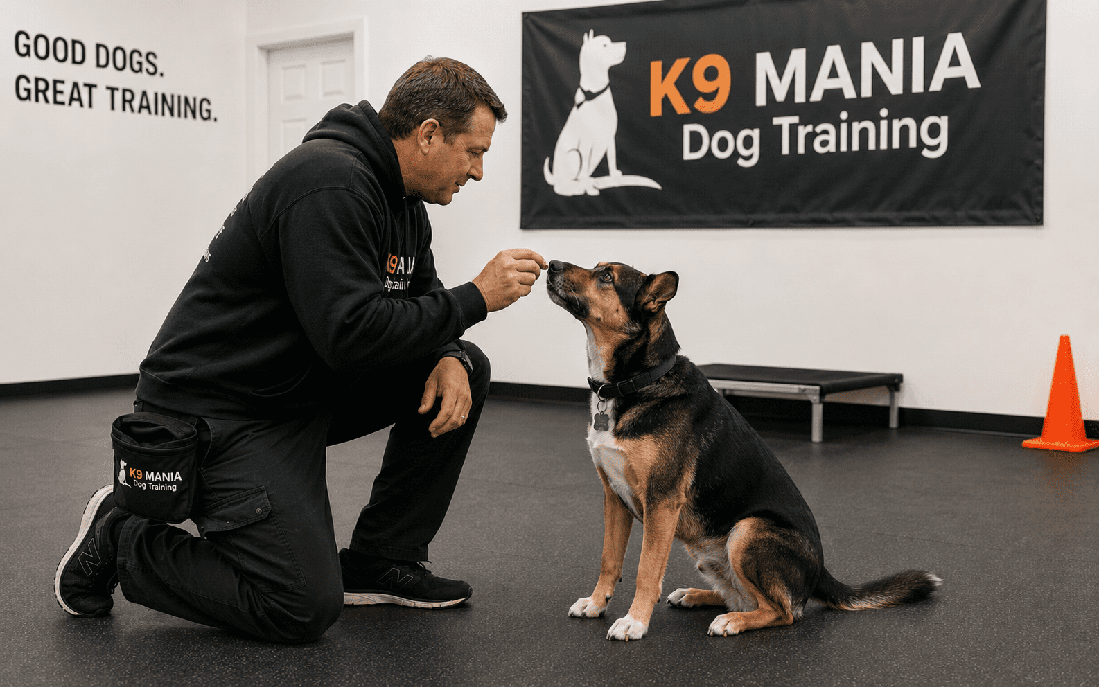 How to Calm a Dog During Thunderstorms 4 A trainer kneels to give a treat to a sitting dog, showing a moment when dogs tilt their heads in curiosity.