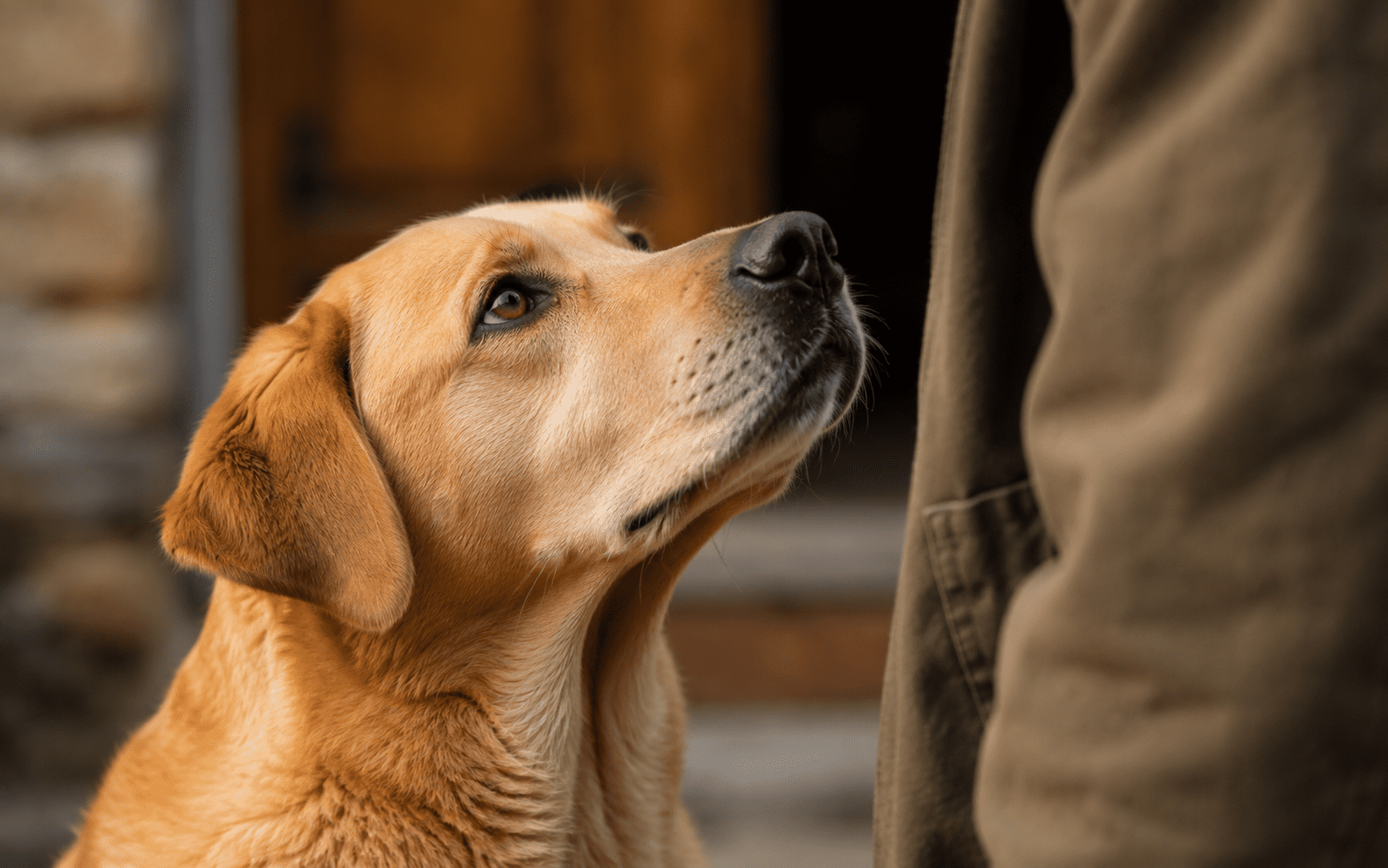 How Dogs Think: What Science Actually Tells Us About the Canine Mind 2 A golden Labrador dog gazes up at a person in a brown jacket outdoors, showing attentive interest.