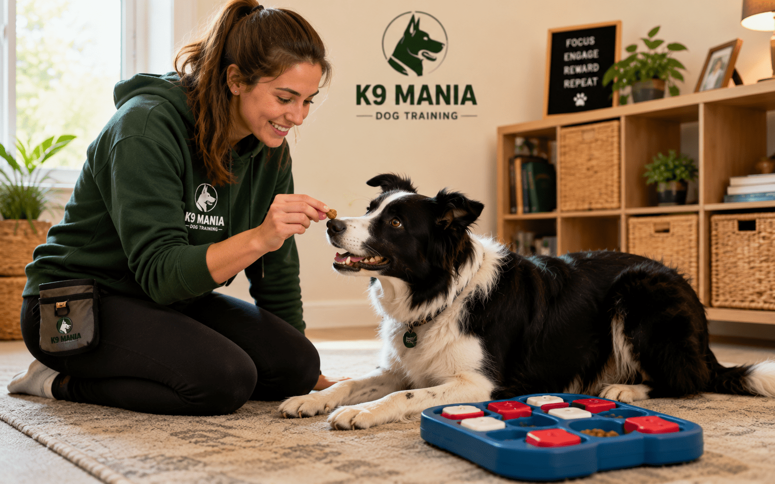 What Is Compulsive Behavior in Dogs: Signs, Causes, and How to Help 4 A woman wearing a K9 Mania hoodie uses treats and a puzzle toy to train her Border Collie indoors.