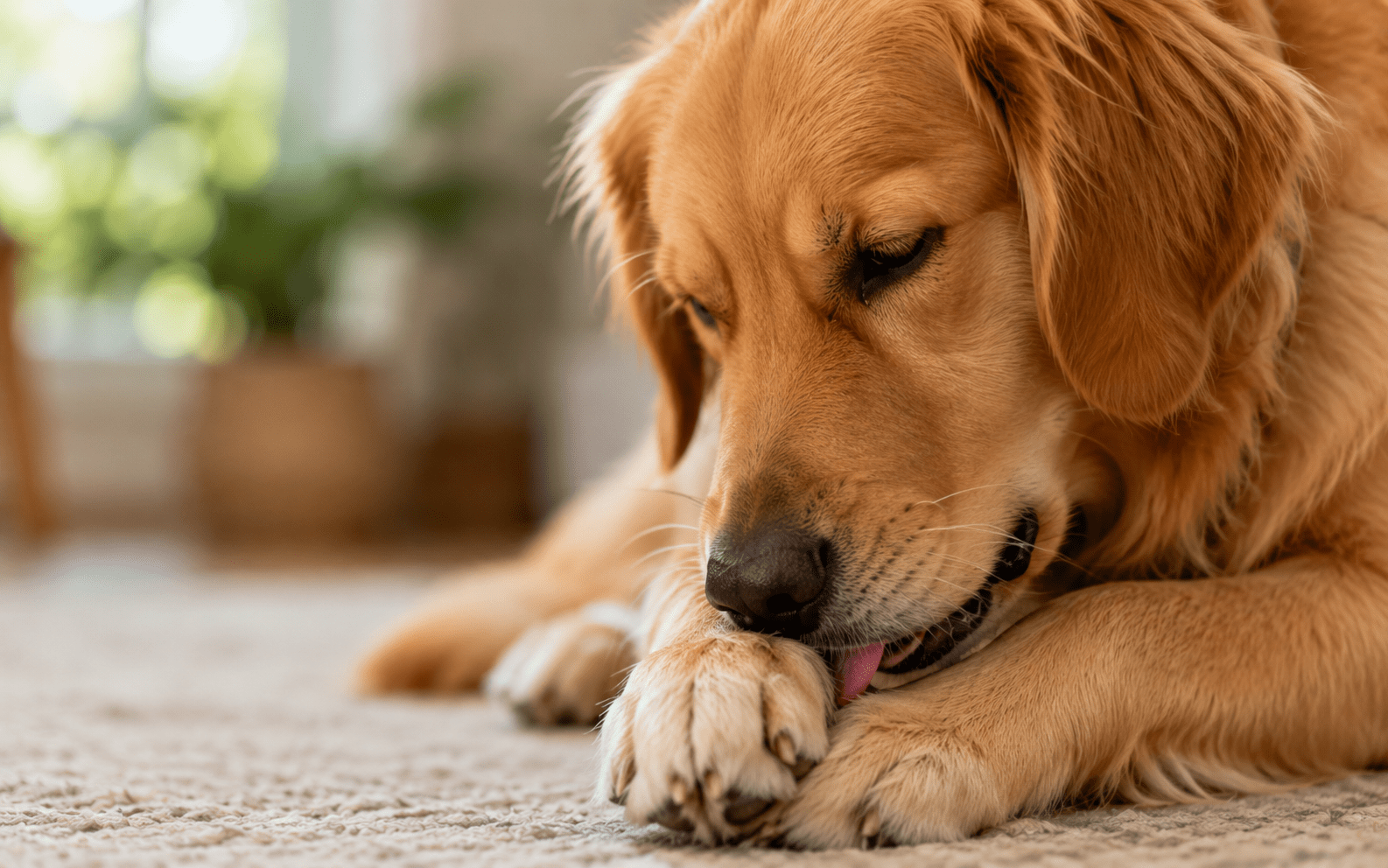 What Is Compulsive Behavior in Dogs: Signs, Causes, and How to Help 1 A golden retriever lies indoors, licking its front paw on a light-colored carpet.