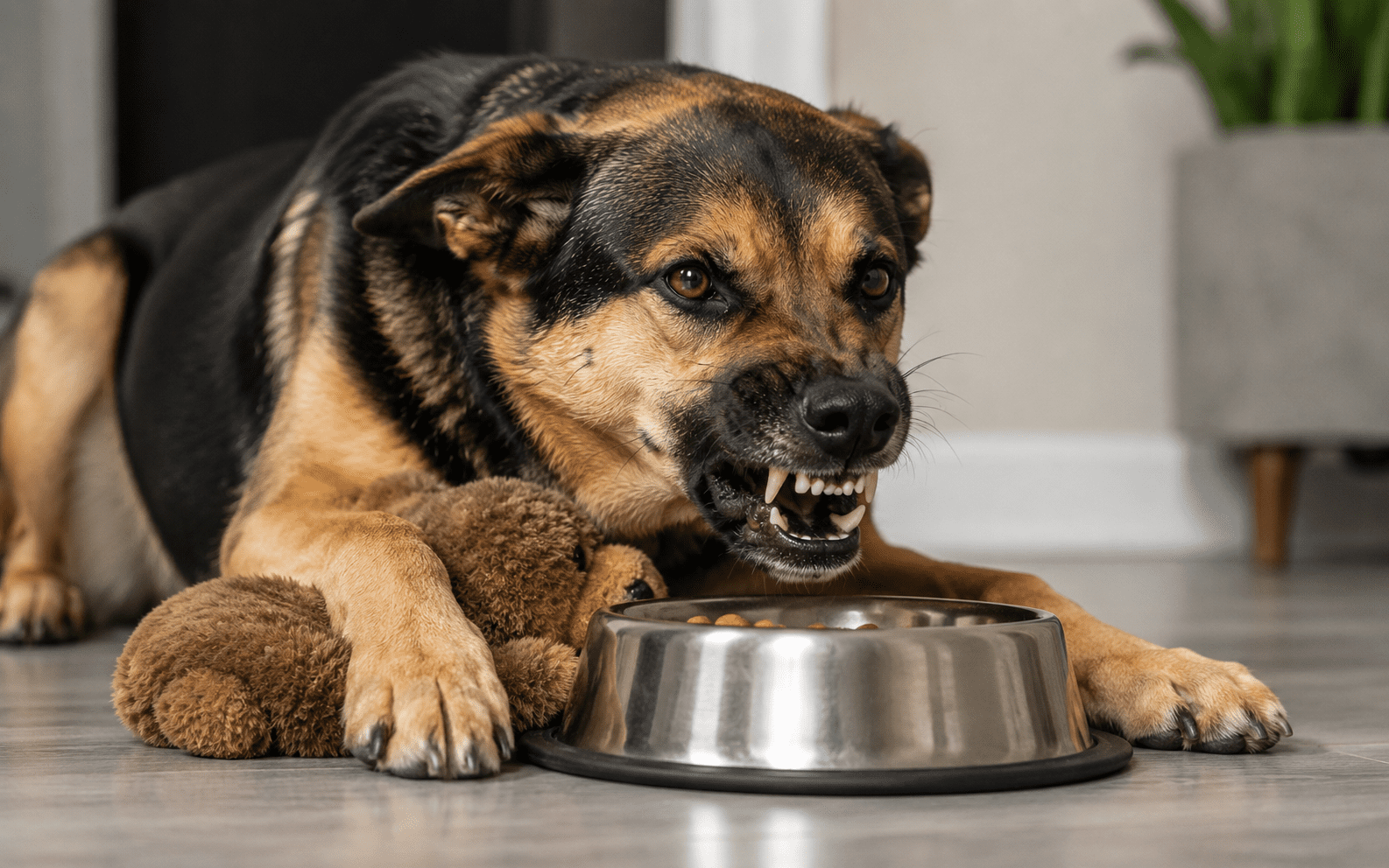 Warning Signs of Aggression in Dogs: What Every Owner Should Know 2 A dog bares its teeth defensively while guarding a food bowl and plush toy on the floor.