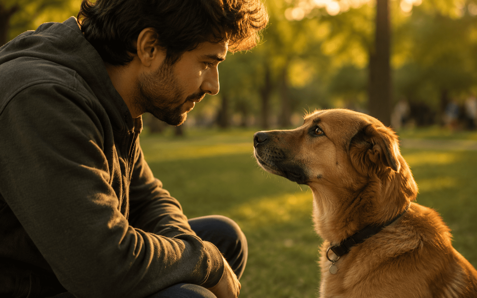 How Dogs Think: What Science Actually Tells Us About the Canine Mind 4 A man and a dog sit close together in a sunny park, gazing into each other's eyes with affection.