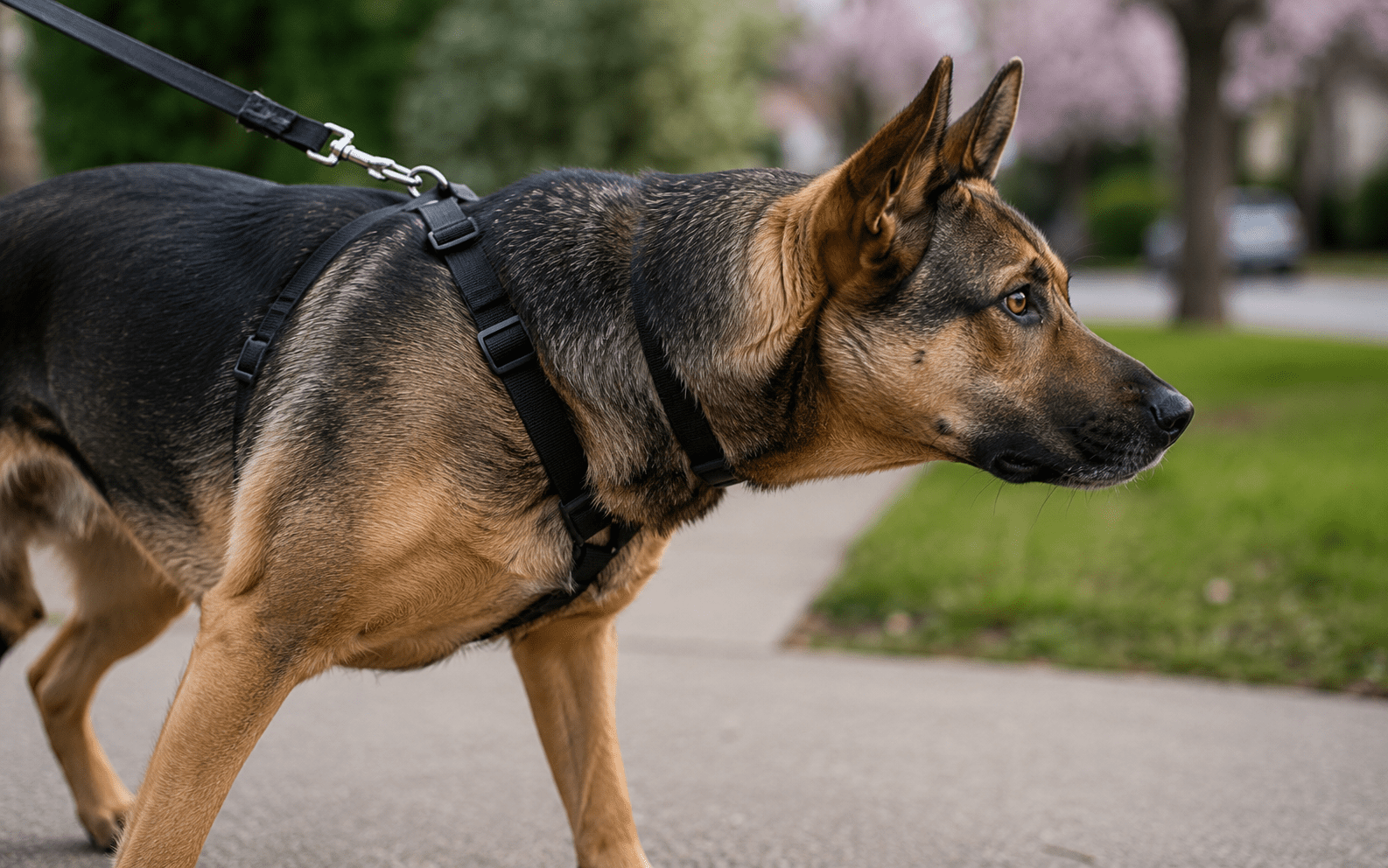 Leash Aggression in Dogs: Why It Happens and How to Fix It 1 A German Shepherd on a leash walks alertly on a sidewalk, surrounded by green trees and grass.