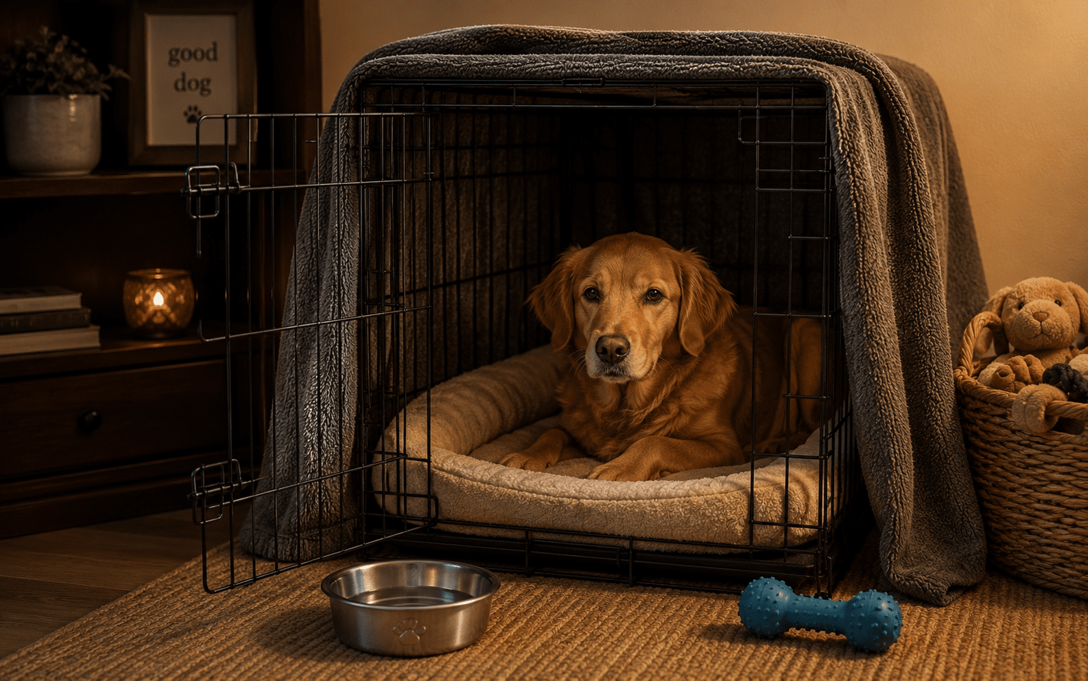 How to Calm a Dog During Thunderstorms 2 A golden retriever rests in a cozy crate with toys nearby, tilting its head in wonder.