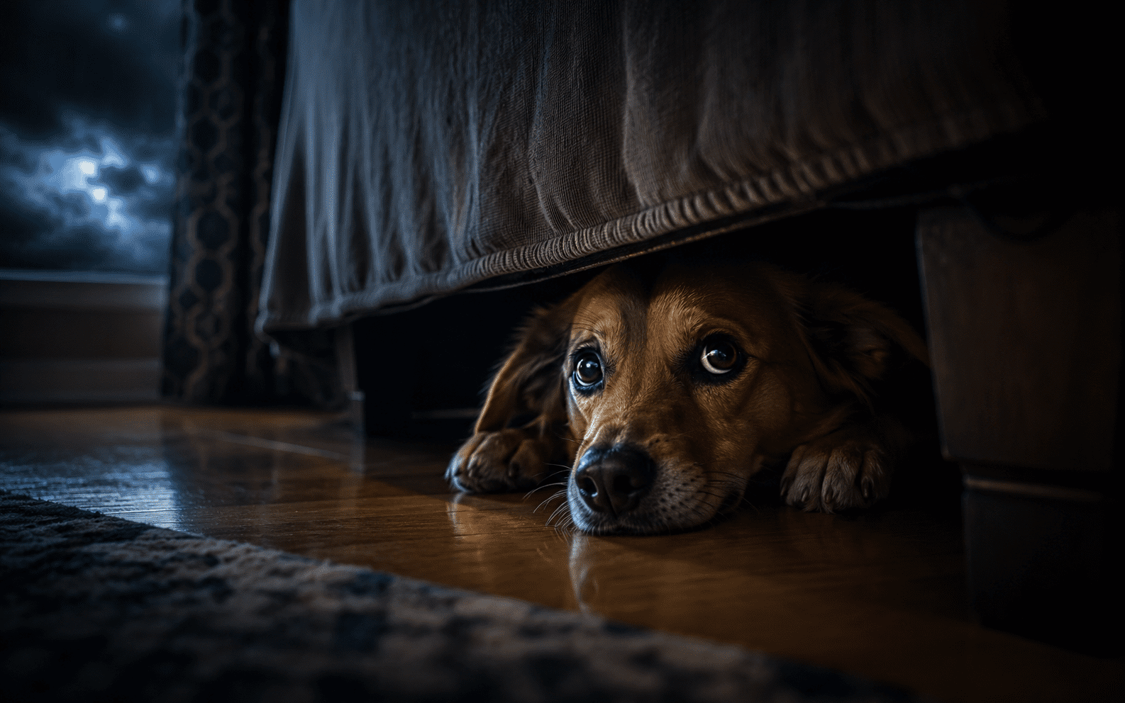 How to Calm a Dog During Thunderstorms 1 A scared dog with wide eyes hides under a bed during a storm, tilting its head in fear.