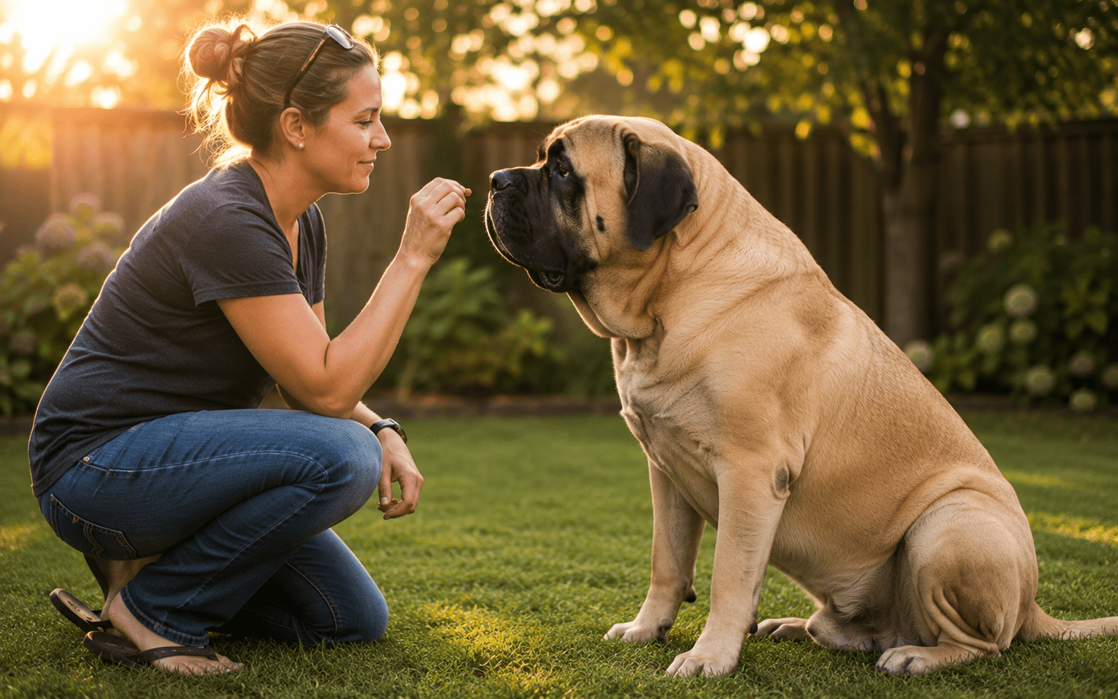 Are English Mastiffs Easy to Train? What Every Owner Should Know Before Starting 2 A woman kneels on grass, offering a treat to her large tan Mastiff dog in a bright backyard setting.