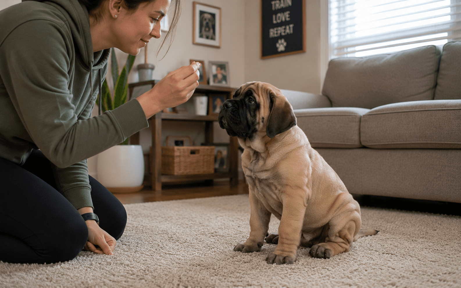 Are English Mastiffs Easy to Train? What Every Owner Should Know Before Starting 3 A woman kneels on a carpet in a cozy living room, training her puppy with treats and positive reinforcement.