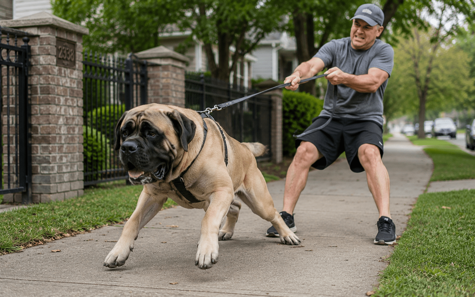 Are English Mastiffs Easy to Train? What Every Owner Should Know Before Starting 1 A man tries to restrain a big, energetic dog pulling hard on its leash during a sidewalk walk outside.