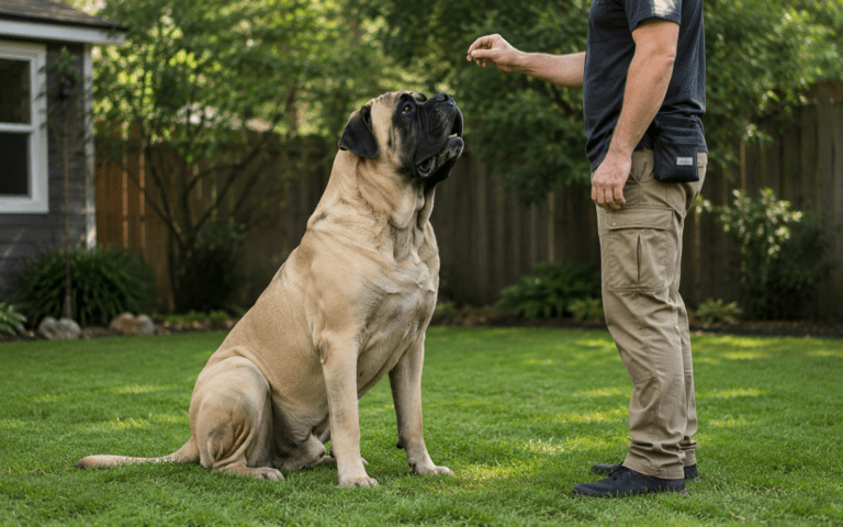 A large tan dog sits on green grass, gazing up at a person offering a dog treat in their hand.
