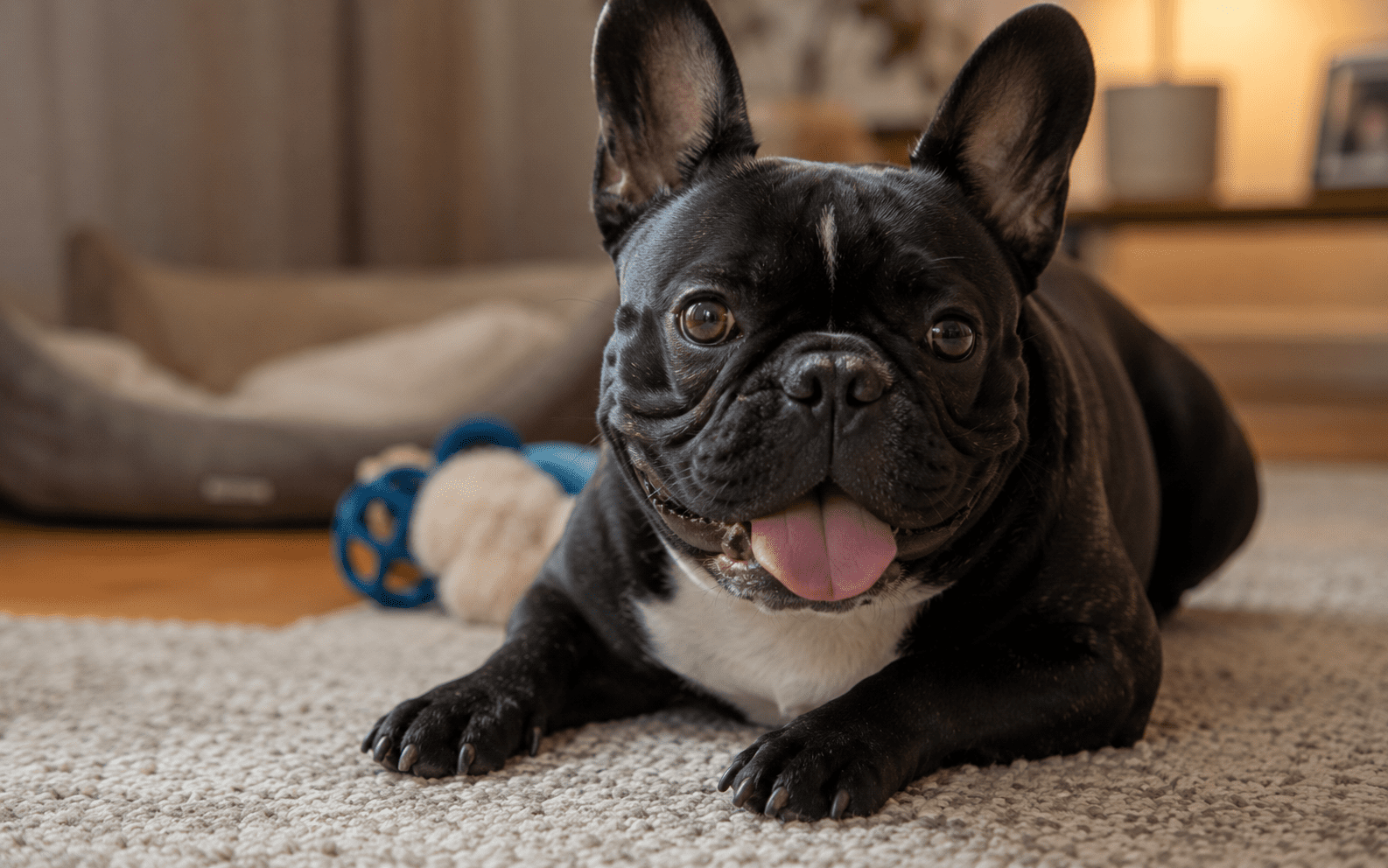 How to Train a French Bulldog: A Complete Guide for Frenchie Owners 2 Close-up of a French Bulldog resting/panting after light activity, showing visible signs of needing a break, in a cool indoor setting