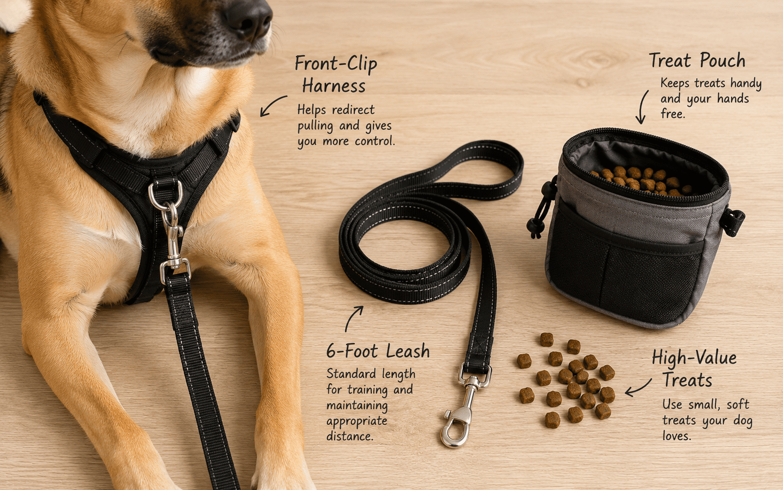 Leash Aggression in Dogs: Why It Happens and How to Fix It 4 A dog in a harness and leash stands by a treat pouch and scattered treats, with handwritten labels nearby.