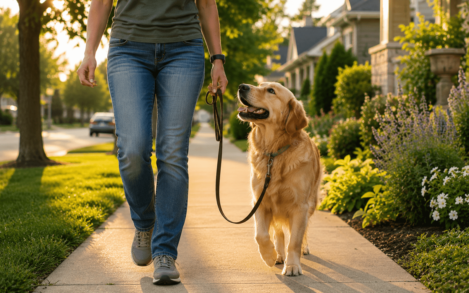How to Train a Golden Retriever: Steps, Tips, and What Actually Works 3 golden retriever loose leash walking training on sidewalk