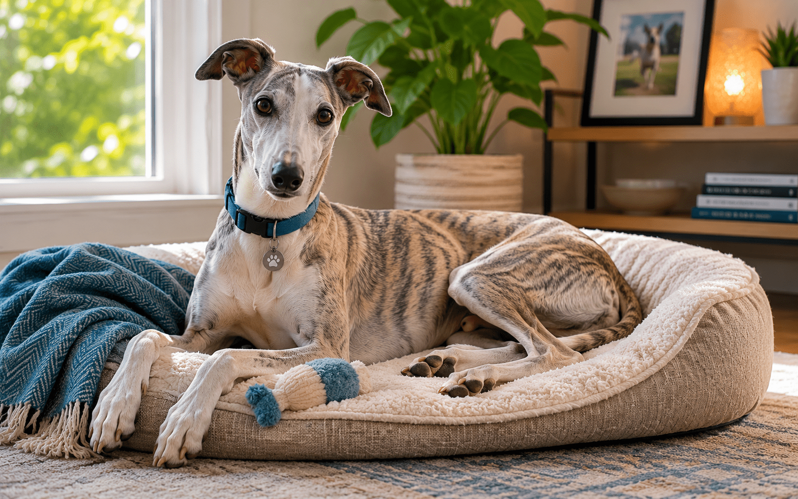 What Are The Best Low Maintenance Dog Breeds? 2 Greyhound resting calmly indoors as a low energy breed