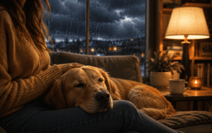How to calm a dog during thunderstorms. A dog rests its head on a person's lap while rain pours outside, pondering why do dogs tilt their heads.