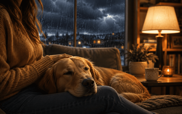 How to calm a dog during thunderstorms. A dog rests its head on a person's lap while rain pours outside, pondering why do dogs tilt their heads.