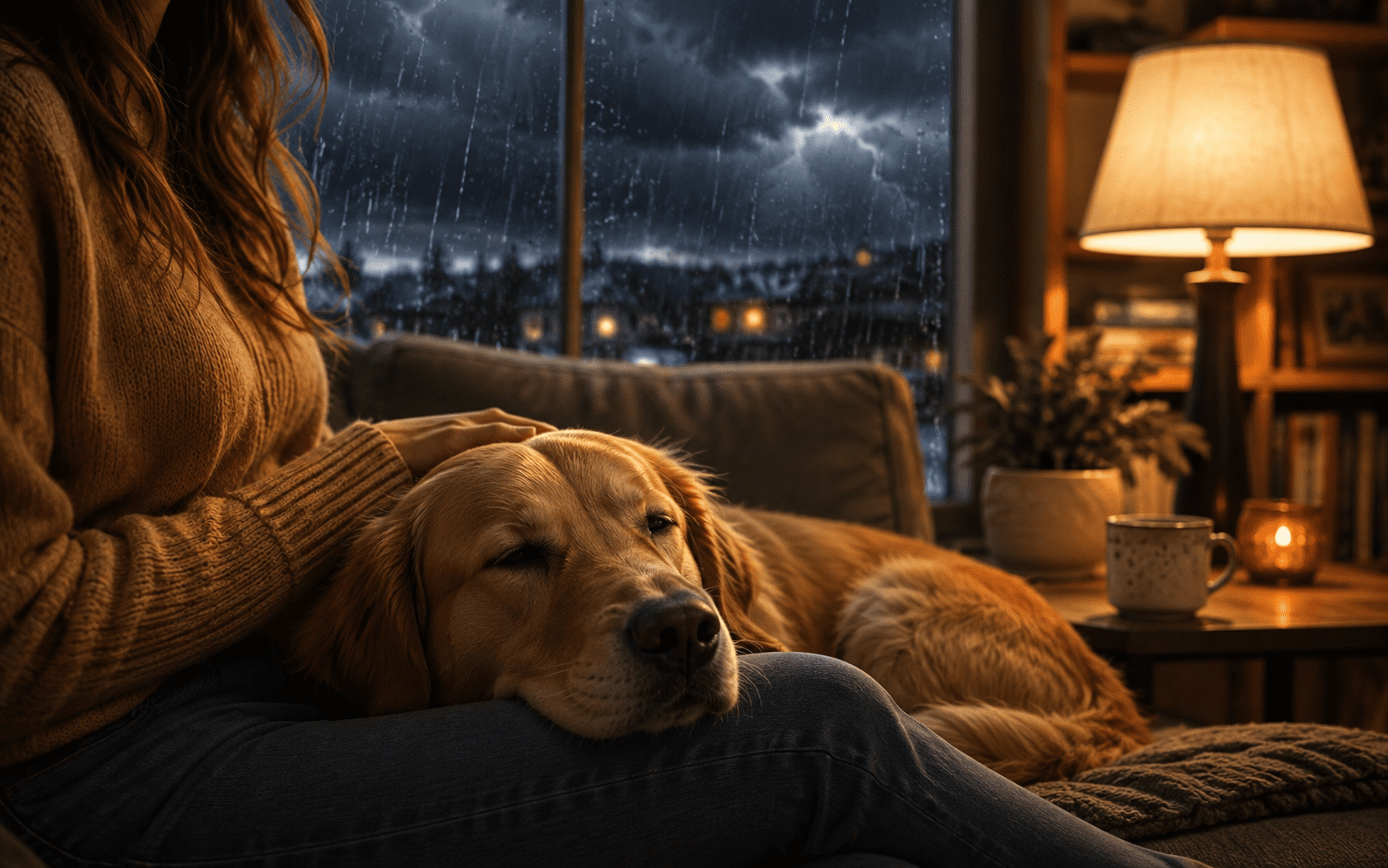 How to calm a dog during thunderstorms. A dog rests its head on a person's lap while rain pours outside, pondering why do dogs tilt their heads.