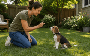 Owner training a Beagle puppy outdoors with a treat reward