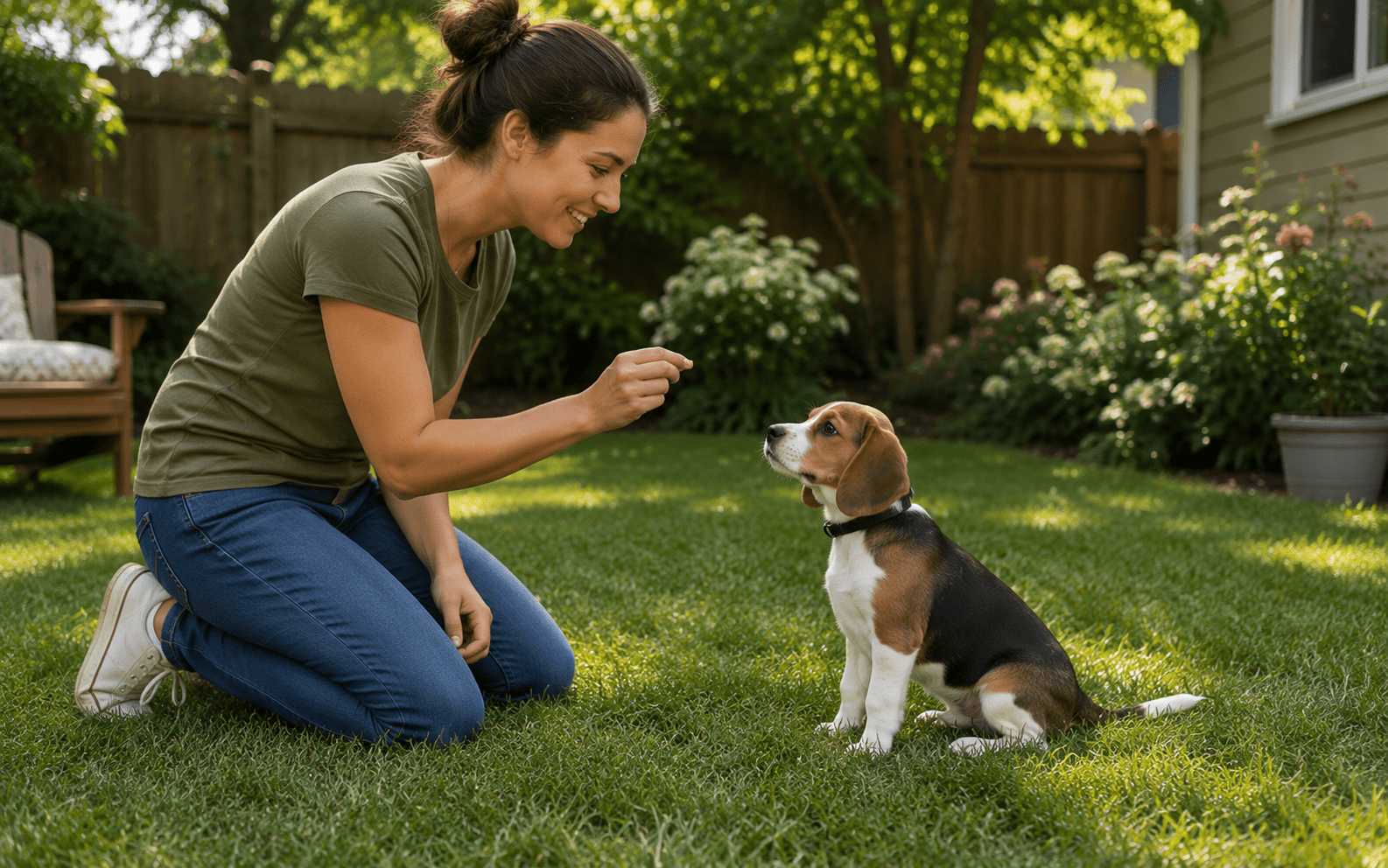 Owner training a Beagle puppy outdoors with a treat reward