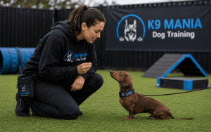 K9 Mania trainer working one-on-one with a dachshund during an obedience session