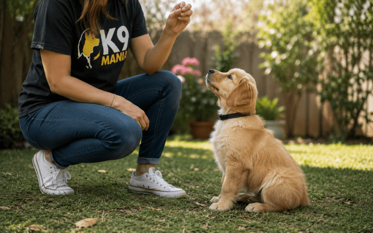 Owner kneeling outdoors training a young puppy to sit with a treat