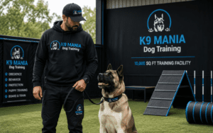 K9 Mania trainer working with an Akita during an obedience session in Deer Park, NY