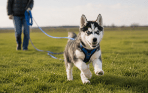 Husky puppy practicing recall on a long training line