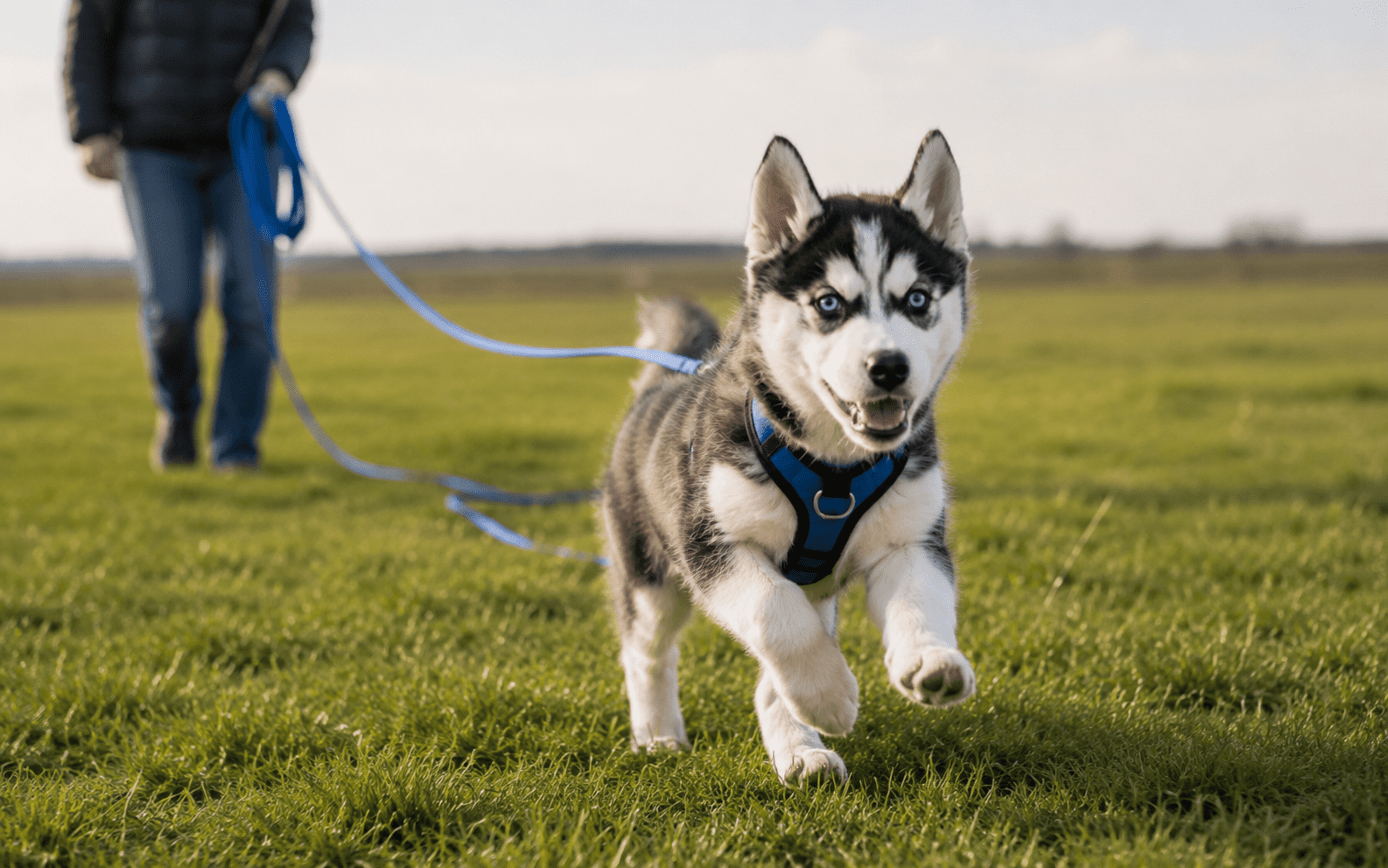 Husky puppy practicing recall on a long training line