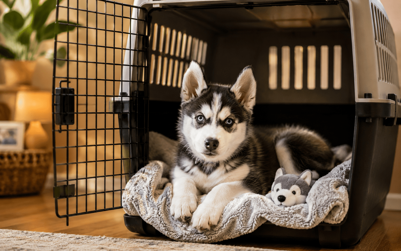 How to Train a Husky Puppy: Step-by-Step Guide (2026) 2 Husky puppy comfortable in open crate during training