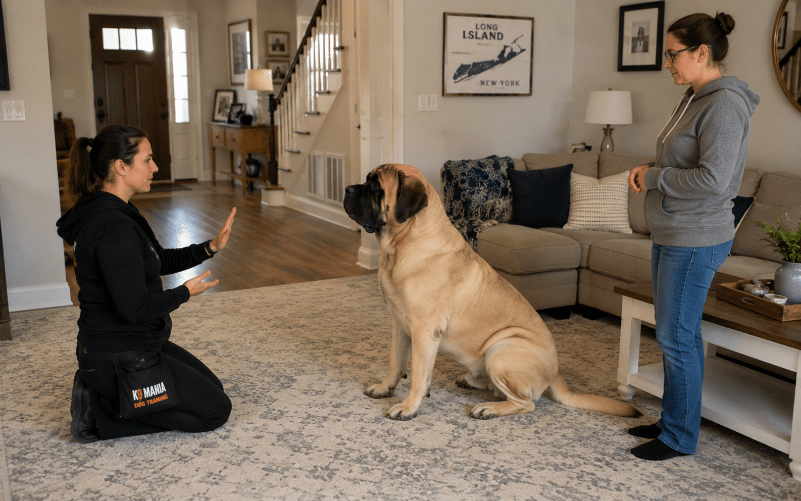 Are English Mastiffs Easy to Train? What Every Owner Should Know Before Starting 5 A professional dog trainer kneels to command a large dog as its owner observes in a cozy living room setting.