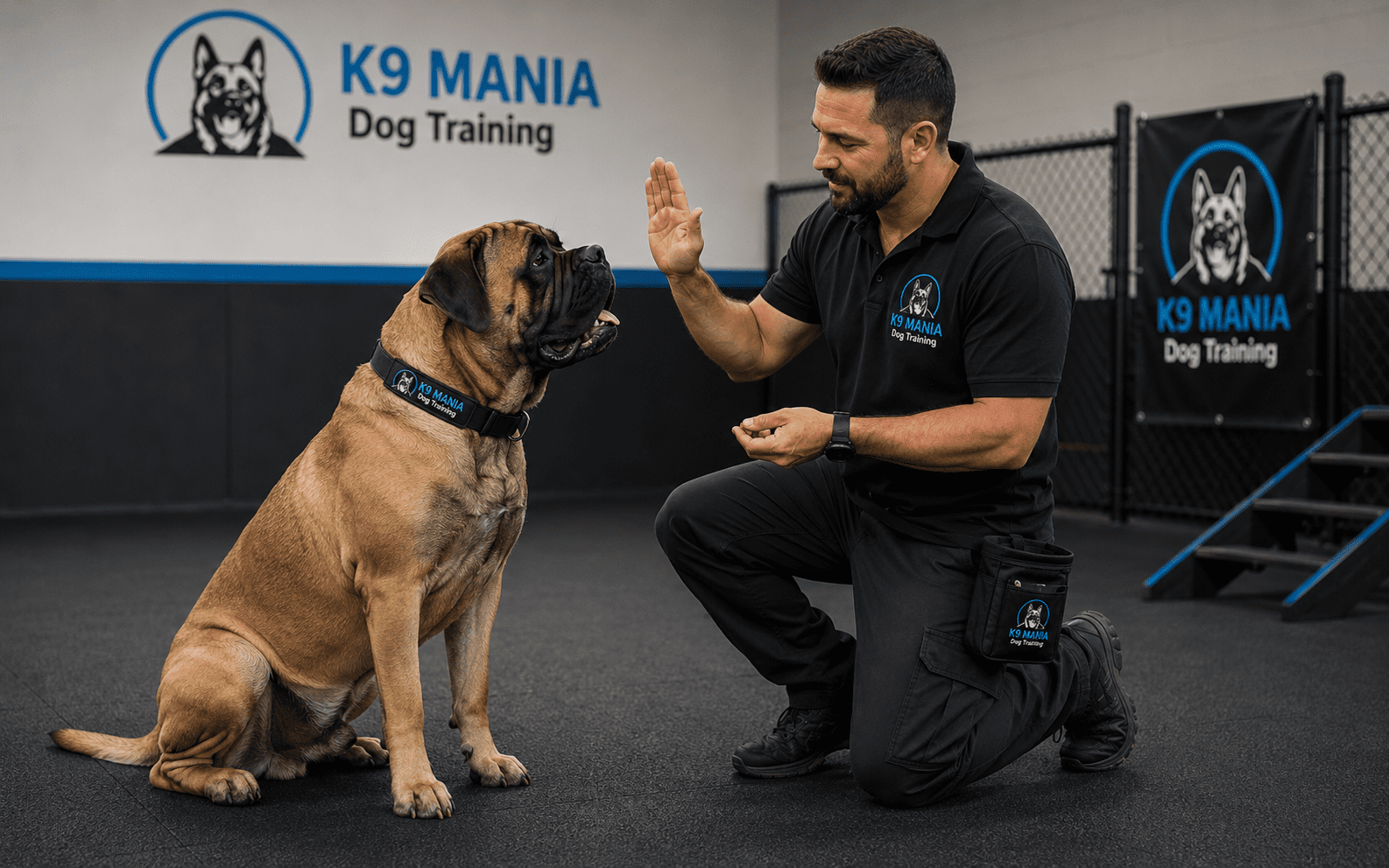 How Hard Are Bullmastiffs to Train? What New Owners Need to Know 2 K9 Mania dog trainer practicing obedience commands with a Bullmastiff on a leash