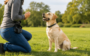 Labrador Retriever practicing obedience training outdoors with trainer