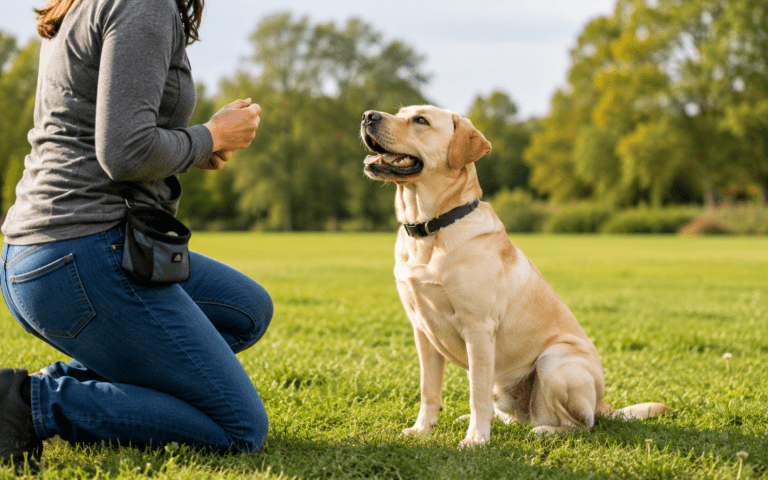 Labrador Retriever practicing obedience training outdoors with trainer