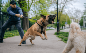 A man holds back a large barking dog on a leash as it lunges at a small white dog on the sidewalk.