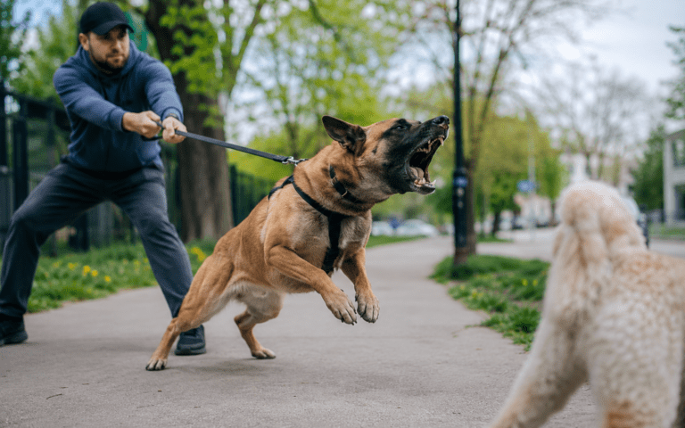A man holds back a large barking dog on a leash as it lunges at a small white dog on the sidewalk.