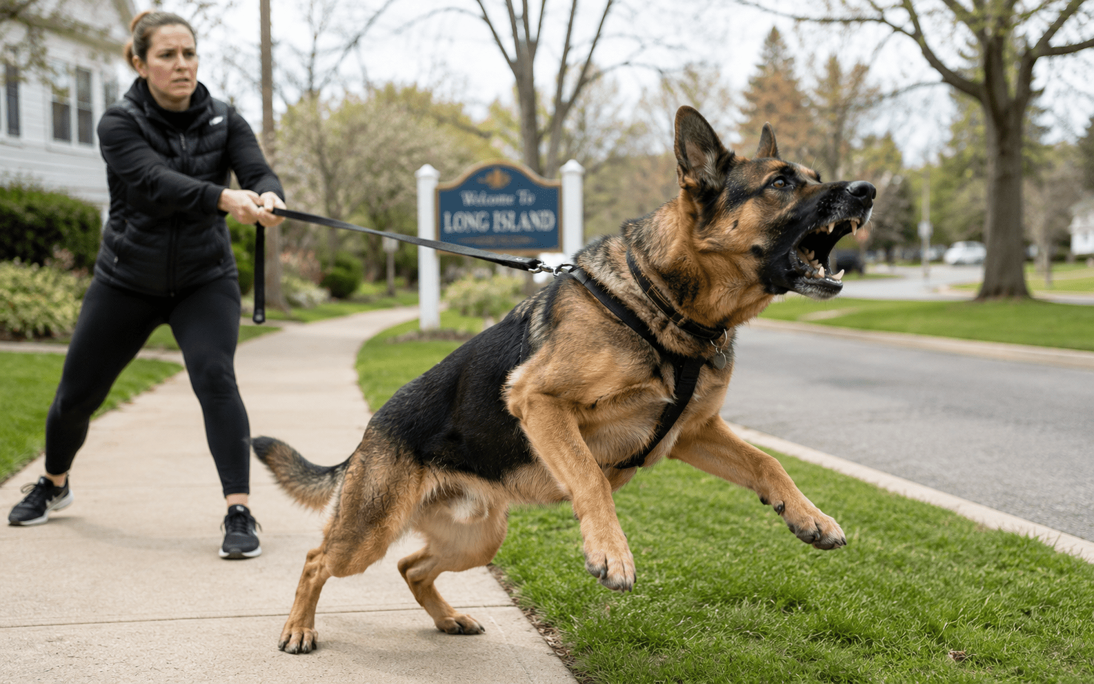 Warning Signs of Aggression in Dogs: What Every Owner Should Know 3 A woman tries to restrain a barking German Shepherd on a leash as they walk down a suburban sidewalk.