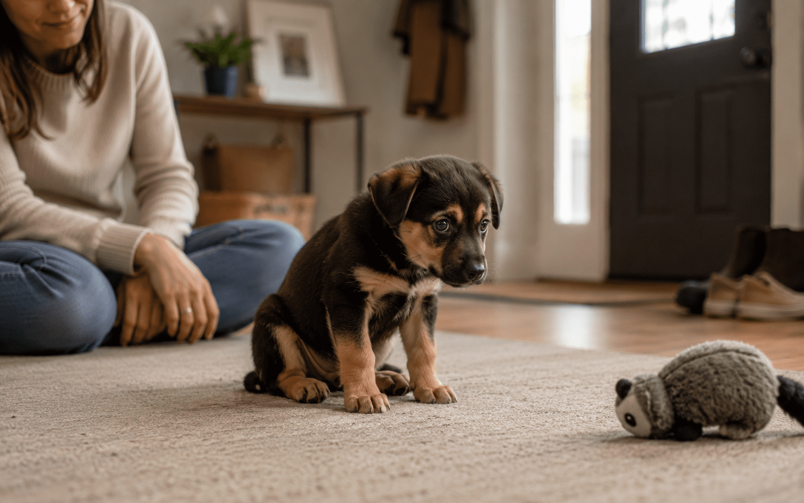 Puppy Fear Periods: What They Are and How to Help Your Dog Through Them 4 A puppy sits on a rug in a cozy room, looking at a plush toy with a person sitting nearby.