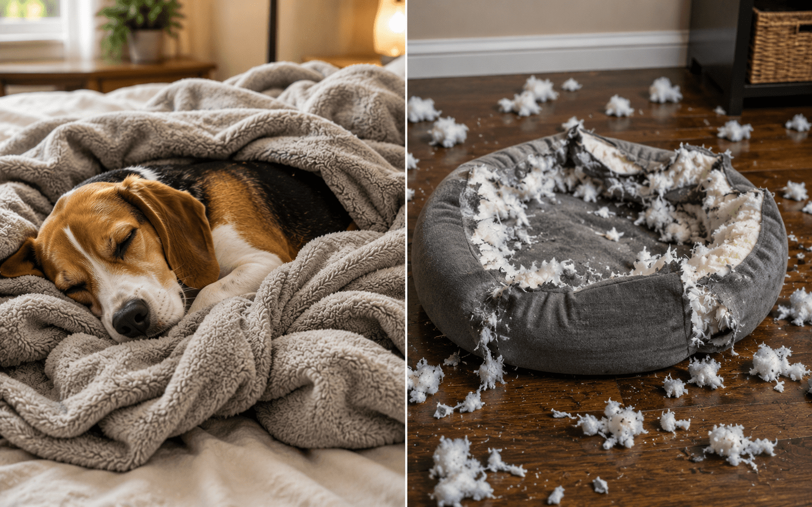 Why Does My Dog Dig in His Bed? 7 Reasons Behind This Strange Bedtime Ritual 4 A beagle sleeps on a bed beside a ruined pet bed with stuffing scattered across the bedroom floor.